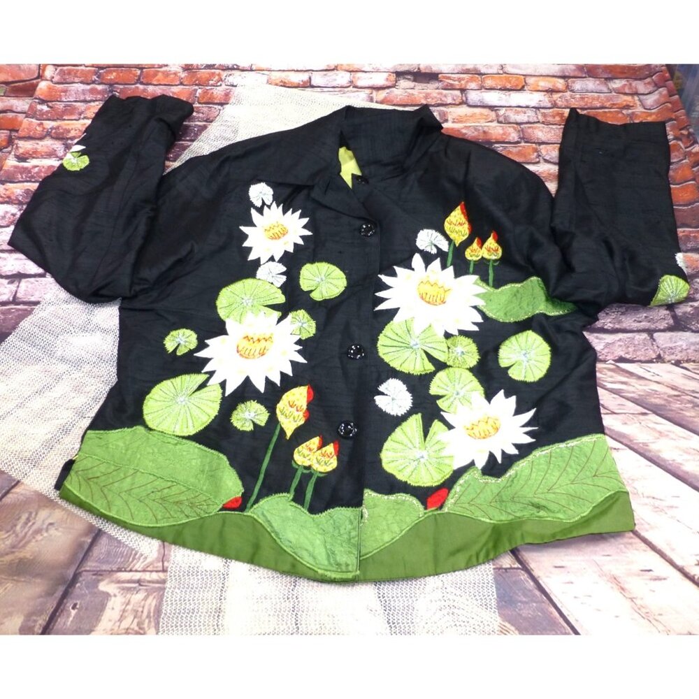 Handcrafted Tunic Nights Black Silk Jacket With Embroidered Lotus Flowers & Gree